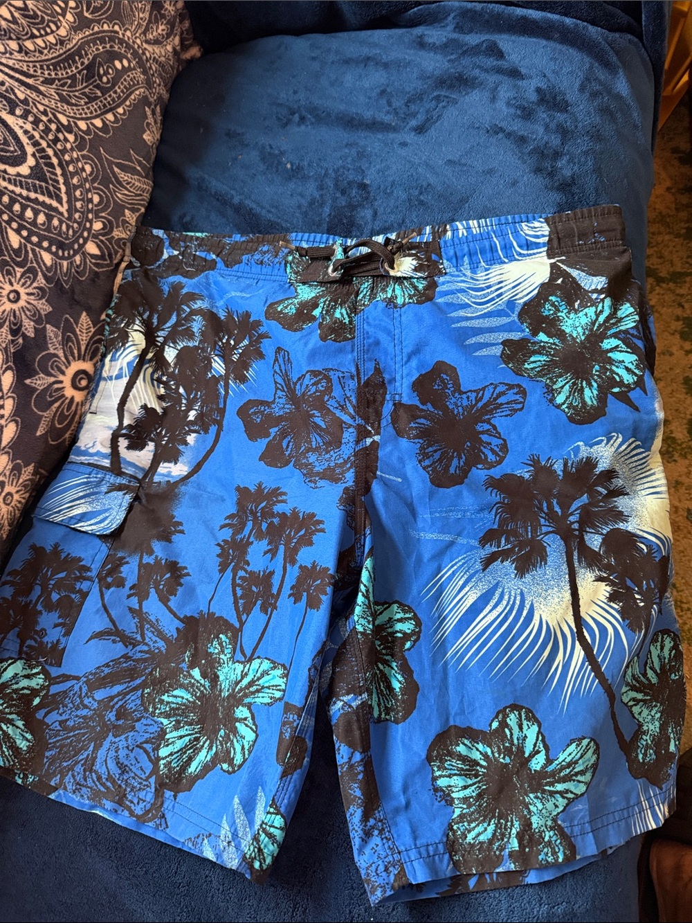 Men's Blue Tropical Board Shorts with Black Palm Print